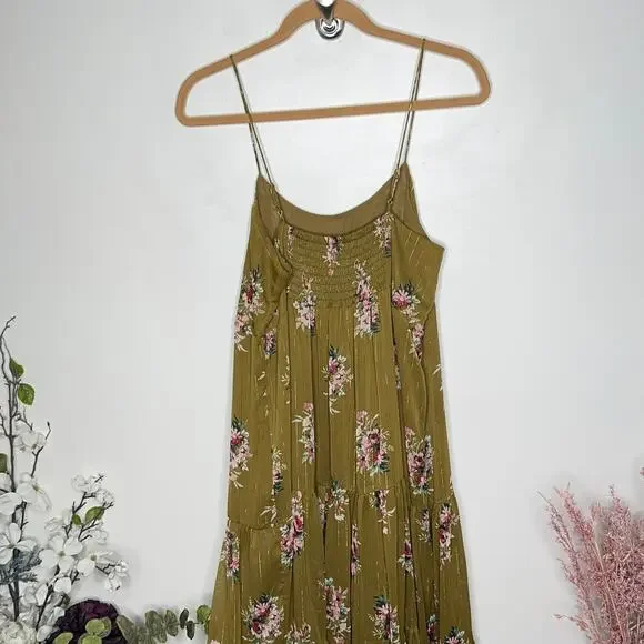 MADEWELL Cami Tier Midi Dress Metallic Classic Floral Olive Green Sz 8 {S53}
